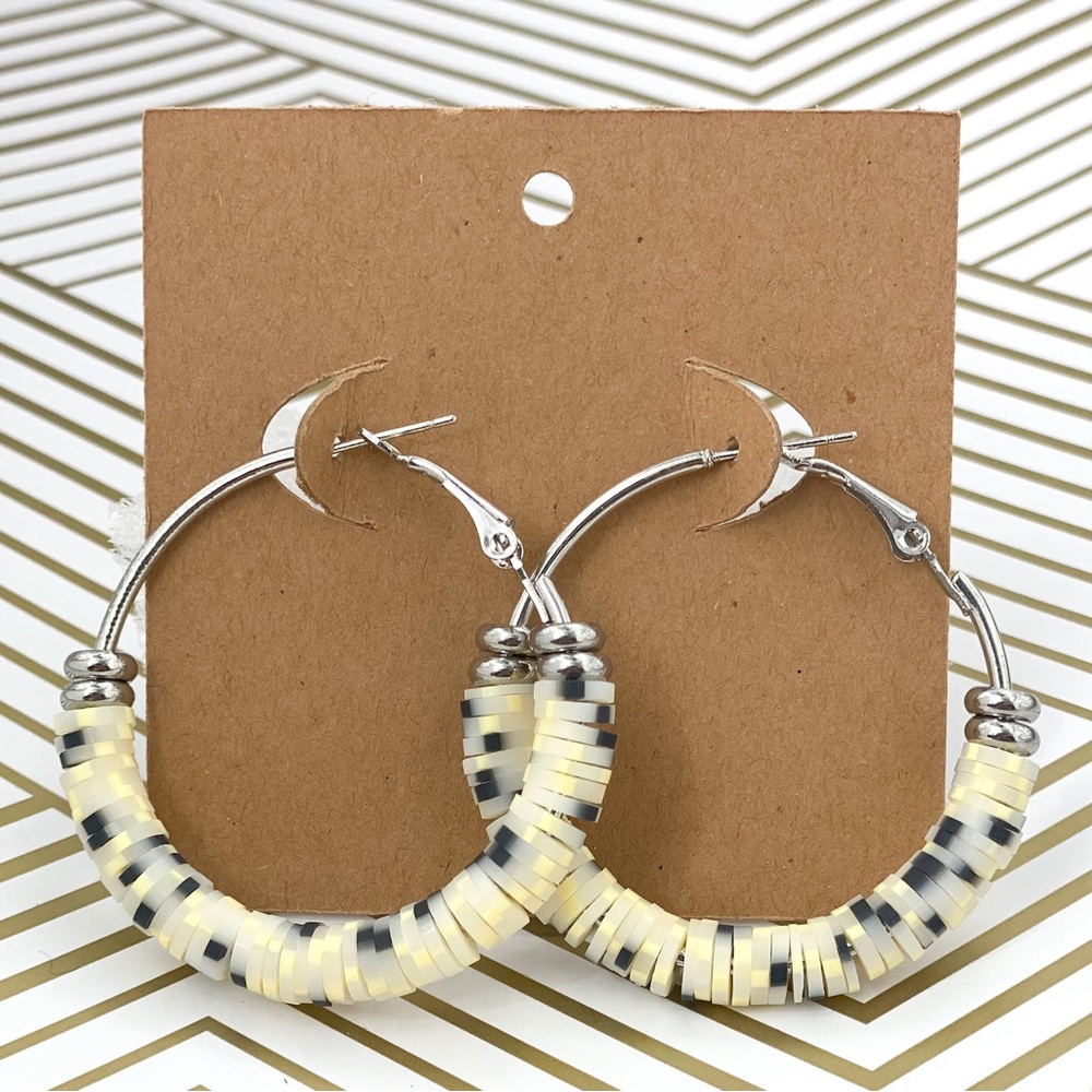 Silver earrings black white yellow clay beaded hoops